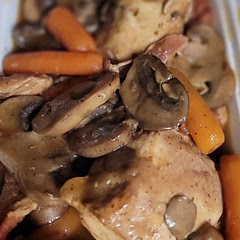 I would make it on the stove top in the future. Doing the meat saute steps took a very long time - about 20 minutes for each meat . Stove top would take maybe 20 minutes all together because there would be more room and the pan could be hotter . The carrots were way too mushy. I also typically do not use cornstarch when I make Coq au Vin.  the mushrooms were added when I did the pressure cooking step and they came out perfect texture-wise.