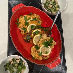 Perfect! Pounded already sliced thin chic. Followed recipe except Used garlic salt instead of reg salt - use 2 lemons 1 to juice 
Had 2.4 lbs chicken so next time need more liquids for ‘gravy’
