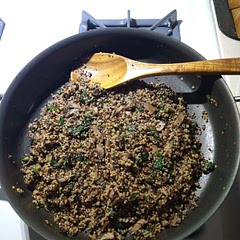 I used organic tricolor quinoa reduced the dry amount by 1/4 cup (1 serving) because we were concerned about the volume of leftovers.  I used  9 ounces ( - for the convenience of finishing a package) chopped baby bella mushrooms.  2 cups of spinach seemed too little because spinach reduces so much when cooked so I ended up almost doubling it (chopped/torn before measuring).  We sprinkled toasted walnuts on top and served with me marinated grilled chicken and Romesco sauce.  Even reducing the quinoa by a serving this recipe still made a lot. ( Picture was taken after we both had some.)  My husband said he would prefer less quinoa and more spinach and mushrooms in the dish. 