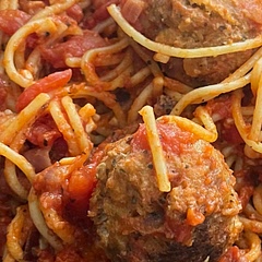 Added panko breadcrumbs, sauted onion & garlic, Parmesan and extra salt. 1 tablespoon of sugar to sauce only. Stored in spaghetti which soaked up the sauce nicely. 
Next time add a bit more salt to meatballs .