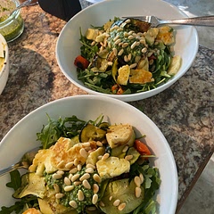 Delicious! I made it simpler by just sautéing the halloumi instead of doing the whole halloumi croutons and using pesto I’d already prepared, and it actually ended up being a fairly simple and stressless meal to put together. Didn’t quite fill me up though.