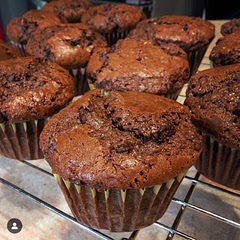 These were great, but came close to being too chocolatey. I'm going to keep using the recipe because it's easy and they were good, but I'm going to scale the cocoa back to 1/3 cup and the chocolate chips to 1 cup next time. This made 18 muffins, but my silicone muffin pans are a little smaller than usual muffin tins.