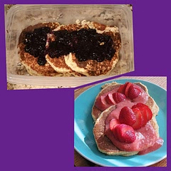 If the batter is thick, add some milk to thin it out. Make sure the pancakes aren't too thick when pouring onto the pan or they won't cook in the middle. I didn't use any sweetener with the blueberries, just some water and simmered until reduced. If sweetener is desired, serve it at the end. Makes about six medium sized pancakes. Without enough topping, they can be dry.  7/10 