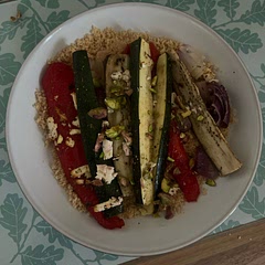 Tips to improve recipe:

- cut all vegetables into cubes instead of lengthways when adding to roast.
- after blending tomatoes, might take a while to sieve, shake and move spoon through mixture to release quicker
- halfway through roasting, shake vegetables to prevent sticking
- pre-shell pistachios as this too can be time consuming