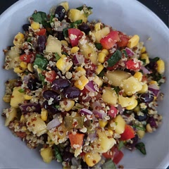 Delicious, very fresh and filling. I cook the quinoa with veg stock for extra flavour. Not keen on the dressing, I went rogue and made up my own with red wine vinegar, honey, garlic, and a few different herbs.