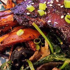 update: see new photo! it's a win in the air fryer with carrots as well!! this recipe is a total win, all around
this marinade is incredible! i would definitely use it for shrimp, ribs, and salmon as well. this marinade cooked down to sauce would be fantastic on burgers or meatloaf! second day it was great!!
plated on a bed of basmati rice. served with sides of kimchi and sauce