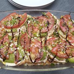 On a bed of risotto (with fresh onion, garlic and ginger)
15 minutes in the oven 180°
