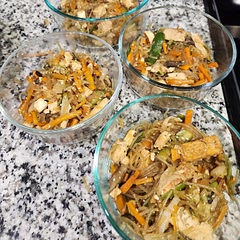 I made my own smoked tofu with a block of extra firm tofu and used baby bella mushrooms and garlic powder. I left out the spinach. My sweet potato glass noodle packages were small (100g each) so I used 2 of them. The japchae noodles turned out really tasty! I used my kitchen scissors to cut up the noodles before adding them to the skillet with the tofu, veggies, and sauce. It made 4 servings.