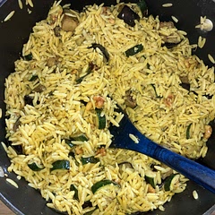 This would have been good without the walnut (which was confusing) or the eggplant (though to be fair, our eggplant wasn’t very good). I could do this again without those two, maybe add some bell pepper instead. But I probably won’t.
Couldn’t find red rice so went with orzo per someone else’s comment. Also roasted the walnuts (added them to the veggies 10 minutes in). Took 30 minutes for the vegetables to roast.