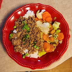 Turkey meat and half the sugar, comments were right. Super yummy. Definitely needs the veggies for balance, which I peppered after they were steamed. We used honey siracha as the hot sauce. 
