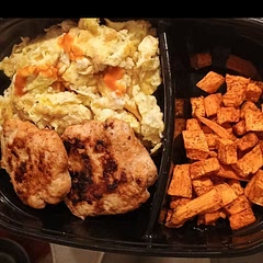 Air fry potatoes @ 380⁰ for 12 minutes. Don't omit the syrup or over cook the sausage because it will be too dry. Regular scrambled eggs (or just egg whites) work just as good. 8/10
