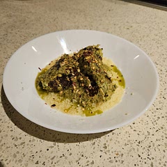Used store bought basil pesto mixed with olive oil as the basil oil. Made 6 large meatballs. Delicious!