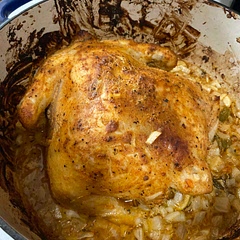 Used broth and also didn’t use all the butter just used 2 TBSP melted ! This is so good! Stuff with herbs and lemon and make soup after you pull the meat off the bones