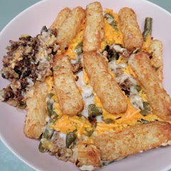 What a comforting plate! Impossible not to enjoy this cheesy burger and fries/ green bean casserole hybrid. I used Beyond Meat and one small onion, otherwise followed the recipe. Will happily devour this again.