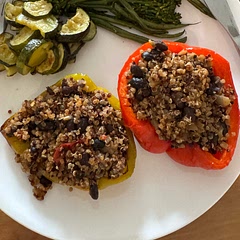 Used cherry tomatoes instead of sauce. Stuffed inside roasted bell pepper halves. Added ambitious kitchen cilantro lime jalapeño yogurt sauce. Roasted zucchini as a side. And avocado. Drink: sparkling water with lime and mint.
