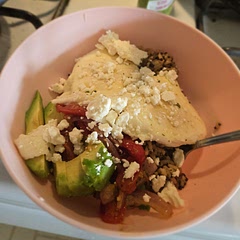 We skipped the green onions and instead pan seared some red onions and the tomatoes together. We also went for a poached egg. It was delicious! 