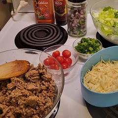 The other week, I decided to make a Taco salad on yet another hot day, but didn't want to cook it in a skillet or smell up the place. 
 
After my Breakfast Instant Pot Piña Colada Oats were distributed & put away, I washed my Pot & used my Pot yet again!
 
My first time doing Taco Meat in the Instant Pot, & at first, it looked concerning, so no picture.  But once it cooled off and I crumbled it up - it was just fine!  I assembled the taco salad into layers in jars.
 
I used the President's Choice taco seasoning, which is our favourite.  Al Pastor is soooo yummy with a hint of pineapple. 
 
Just in time for Taco Tuesday-my family & I gobbled it up! 