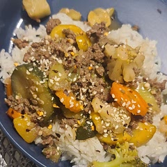 Added my own flare making substitutions and additions for what I had on hand ( i.e. ginger paste for fresh ginger, seasoned meat, no broccoli used Normandy frozen vegetables,liquid aminos instead of soy sauce etc) .
