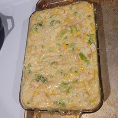 Super good- made adjustments to the recipe just for flavor and the size of the dish i had to cook it all in (the cookie sheet to catch potential overflow)

-coated the chicken in salt, mayo and curry powder before cooking- seared it on both sides then added onion to the same pan to cook

-just used my rice cooker and water to make the rice

-shredded 12oz of sharp cheddar and 12oz of Munster cheese ((used almost all of it)) 

- added frozen corn for texture n taste

-2 cups of cooked rice before going into the oven then another cup carefully mixed in after I took it out

Very much a comfort meal, and im looking forward to having leftovers !!