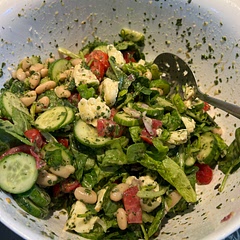 Beany green goddess! I doubled the recipe and only did 12c/2 packs of salad greens and 1 can of beans