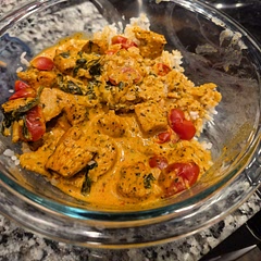 Husband made it. Very tasty. Eyeball the milk if you don't want it too watery. We drained the cooked chicken a bit as well.