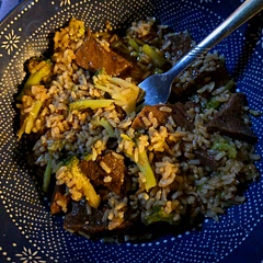 Substituted broccoli for cabbage and peppers because of husband's preference.  Also, substituted venison for beef.  I doubled the sauce.  Next time, cut the vinegar in half.  Very good.