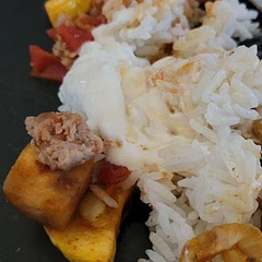 Topped with greek yogurt and lemon juice. Delicious! Easy to swap ingredients in and out based on what you have on hand. Both kids loved it with plenty of yogurt to cut the spice. 
