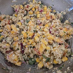 I really enjoyed this salad and will definitely make again. I used frozen corn and nectarines as thats what I had. I didnt put feta in because I forgot - I love cheese in my salad but thought it was fine without. The dressing had nice flavor. Bbqing the corn and peaches would be a nice added touch. 