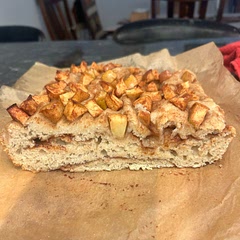 Made it with my sourdough starter and my pan was slightly too small so it’s probably thicker than it should of been but I just cooked it a little longer. Mine tastes like sourdough but with apples and cinnamon. It’s good though!