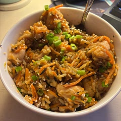 Like other recommend I did 1/4 a cup of honey. For rice I did a box of long grain and wild rice rice-a-roni. I added carrots and used flour and water to thicken the sauce up.
I topped with sesame and green onions.