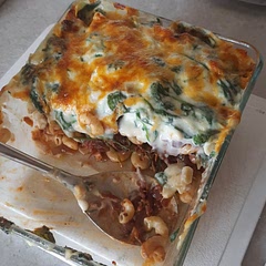 Sorry for the very unaesthetic photo but this was AMAZING and I couldn't get a photo before it was devoured. Testament to how good it was. I made this with Quorn vegetarian sausages so the whole thing was veggie, but otherwise followed the recipe.

I would 100% make this again, especially for a gathering. Its surprisingly fast to make given how many layers there are, as long as you make the bechamel while the sausage layer cooks (and it helps if you already have leftover cooked paste, like I did).