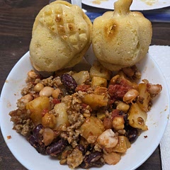 So tasty and fairly easy for a novice cook like me. This is a basic recipe that can be adjusted in a variety of ways to make it different every time. Next time, I'll probably use sliced onion rather than wedges, and more meat. I served it with sweet cornbread in cute fall shapes. 