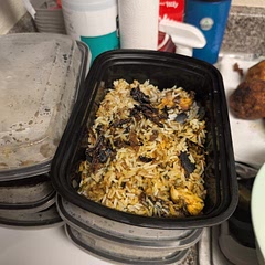 I charred the chicken but I think it's not the worst flavor to add to the rice, though I should've put the whole spices into cheese cloth so I wouldn't be biting into a whole clove. But it tastes really good!