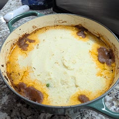 I made this in the Dutch oven and then put the mashed potatoes right on top then put it in the oven together (one less dish to wash).
I used powdered mashed potatoes (1.5 packages). 
I used 2 cups of frozen vegetables. 
Toddler approved. 
