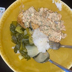 Served over rice and bok choy! Used Coconut Milk instead and it was great! For the sauce, next time I will use chicken broth and add a half cup more + butter + nutritional yeast.