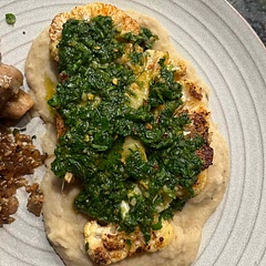 Wasn’t totally sure about the butter bean puree, but served as a nice base. My cauliflower didn’t get carmelised so I would experiment with increasing the heat (I had mine on 3 but I have a gas stove). The chimichurri was a nice addition, I used a separate recipe.