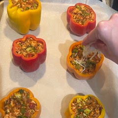 I had enough stuffing for about 10 peppers! Next time I’ll probably add more ground turkey & only 1 crown of broccoli. I tried to use skim cheese, but it wouldn’t melt oops. I added the seasoning to my turkey - I used a ton of Italian, & some garlic salt, & onion powder. These did take a while to make. But they’re good!