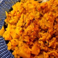 The weather has turned warm that nobody wanted this for supper this week, so I transferred portions from jars to freezable containers on Tuesday, leaving a couple of portions for lunches.
In fact,  I did have this yesterday for lunch & it was so flavourful, savoury & sweet with the touch of coconut milk.  I put butter in a pot, threw in a portion of leftover Basmati Rice from Sunday's supper. I put the curry in a pot on the stove & the squash really had softened up.  So pleased I tried this!
