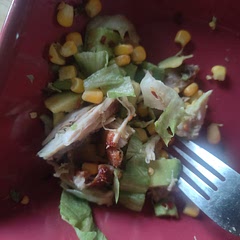 I forgot to take a pic when I had finished, so there's only a bit left, but it looked really nice. I added some lettuce to give it a bit more volume and removed the onions because I'm not a fan 🪭