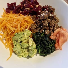 Grating the carrot probably took the longest, so overall, a very quick recipe. Definitely need to cook the beef for less longer next time but I love the flavours here. Versatile in terms of sides. I also used a bosc pear instead of apple. 