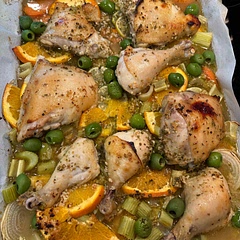 this is a really super great recipe that I’m gonna keep on rotation. For this one, I added celery and carrots, which came out perfectly cooked. - you know not the mushy kind!  
I used leg quarters and simply cut them in to their respective pieces and sliced the onion used Mexican oregano, and I would suggest with the fruit being the oranges and the limes , that you stay with the orange slices at five and that you reduce the limes by three limes instead of five.  It made it way too tangy sour so I had to add yogurt into this recipe to make it better but it’s a keeper for sure! So easy to put together and fast! I used a very gorgeous bright green olive that was a specialty olive, which I cannot recall. The name of this is a fabulous meal!
