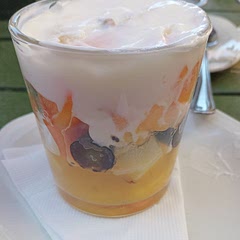How to make fruit salad with yogurt 1:get fruits 2:get greek yogurt and 3:mix it together and enjoy
