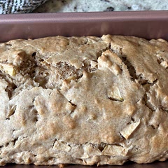 I made this with 1 1/2 cups of chopped Granny Smith apples and a lot more cinnamon, fair amount of ginger paste, brown and white sugar, and as always, twice the vanilla. I didn’t split or swirl it. 
Baked at 350/180 for 50 minutes in a loaf pan. Smells amazing. Tastes great, only a little bit sweet, this would make great breakfast slices!
