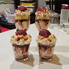 loved these so much - picture was my 2nd time making them since 1st time I overwhipped the cream and dropped the pan too much so the cake was a bit dense. cake and cream weren't too sweet & the cream was delicious - had some leftover and dipped strawberries into it!

next time i might try brushing the cake with some milk instead of jam/syrup so it's not dry & doesn't get too sweet. overall highly recommend <3