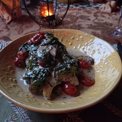 Tonight we added mushrooms to the dish and served with brown rice. The other change we used a spinach arugula mix