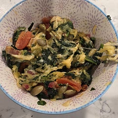 I adapted for a single serving, swapped peppers for pine nuts, and added a couple cherry tomatoes.  It is excellent!!