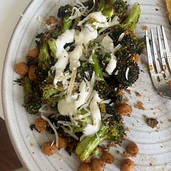 Loved this, such a tasty way to eat broccoli. I roasted the broccoli for 17 minutes flipping halfway through. While the broccoli was cooking I pan fried the chickpeas and breadcrumbs and they came out great. I used 3 heads of broccoli to make 3 salads.