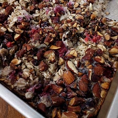 Used frozen raspberries, two large and 1 medium banana, toasted and chopped almonds, honey instead of maple syrup. Cut into 24 pieces, and eat two pieces for breakfast with a glass of milk - very filling! Added more cinnamon and sea salt on top. Not bad!