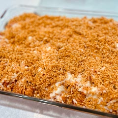 We are a family of 5 so I doubled this recipe to fit a 13x9 pan. Definitely the right call. Half my family didn’t like the crunch so I’ll only add breadcrumbs to half next time. Otherwise, a keeper!