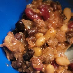 This was delish! 

I did not have ketchup or can of pork n beans. Instead I used:
1 can of black, navy and kidney beans each.
Then BBQ sauce, a dash of Worcester sauce, and a cup of blended tomatoes. With the bacon and pork jowel and beef and onion. Very good!